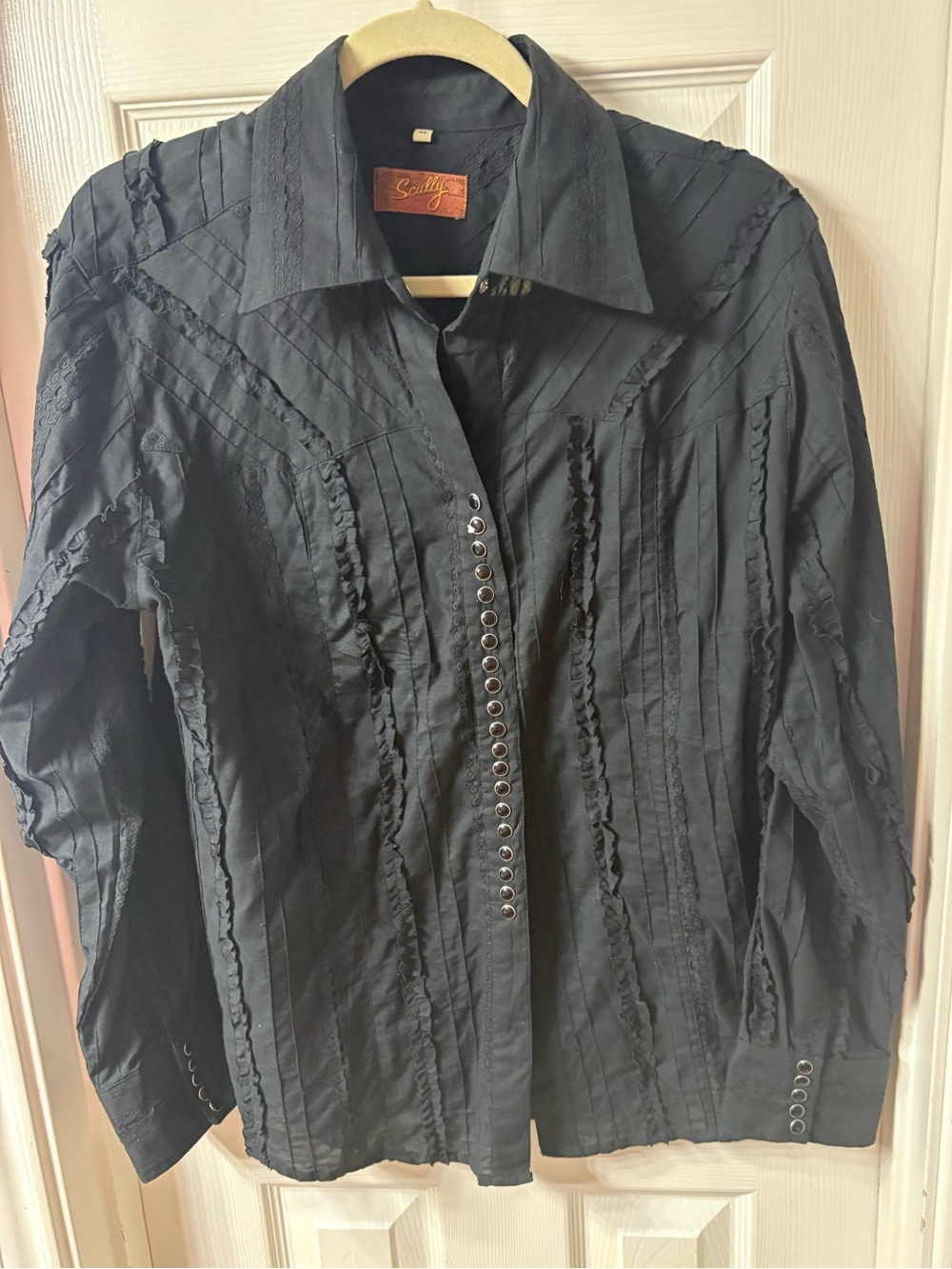 SCULLY style black cotton ruffle w lace snap button long sleeve shirt -Sz XL